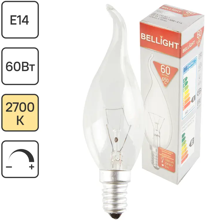 Лампа Bellight E14 60Вт теплый свет для интерьерных светильников 15062431
