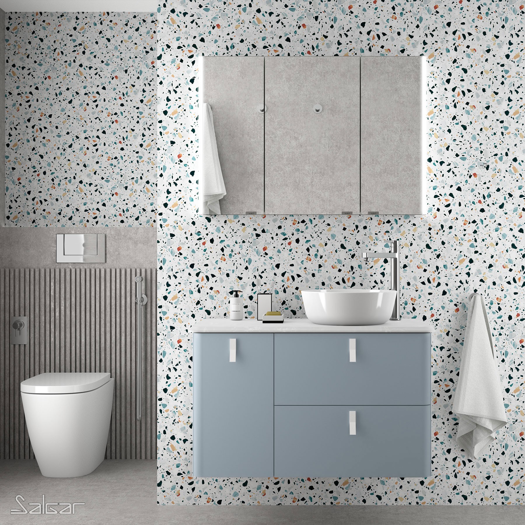 83125 SALGAR Мебель для умывальника UNIIQ 900 BLUE FOG левая 1 дверца и 2 ящика с системой мягкого закрывания 897 x 540 x 450 мм  - Вид №1