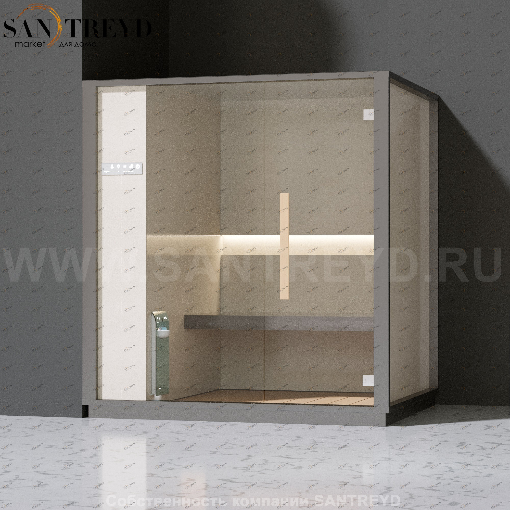 Effegibi ONE H LO60010006 Хаммам. Установка: в левый угол. Левая дверь. Мощность: 4,5 кВт макс. Размеры: длина 214 см, ширина 171 см. Отделка: матовый лакированный серый аллюминий и бежевый ламинат из керамогранита.