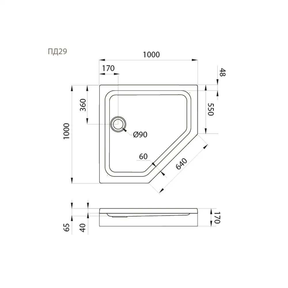 Душевой поддон Triton ПД29 пятиугольный акриловый 100x100 см ножки в комплекте STLM-2042948 - Вид №4