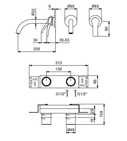 Настенный смеситель для раковины с 2 отверстиями ABOUTWATER AL/23 ARCH-00004194 - Вид №3