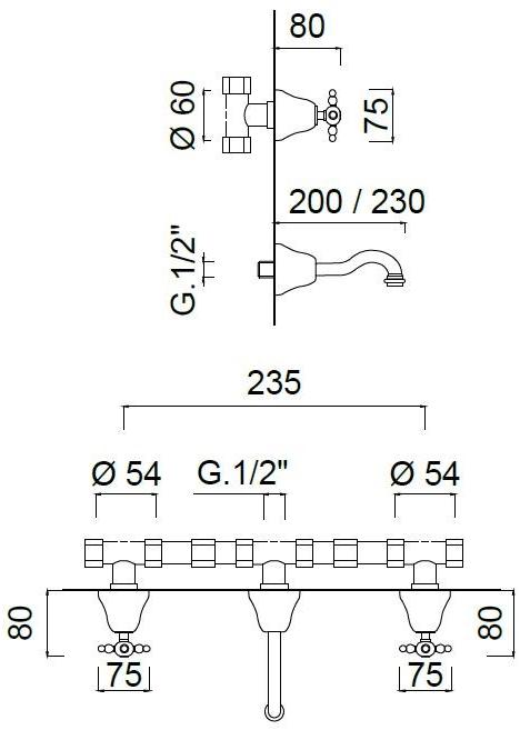 Rubinetteria Giulini Смеситель для умывальника настенный на 3 отверстия Parigi 7323 - Вид №1