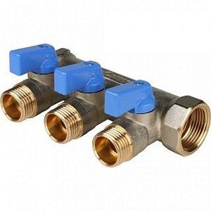 Коллектор с шаровыми кранами 1" STOUT 3 выхода 1/2", синие ручки