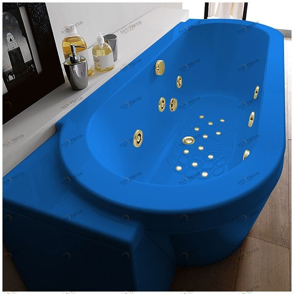 Ванна Gruppo treesse Playa V818Q-DX-GZ голубая с золотой фурнитурой гидромассажем, аэромассажем и дезинфекцией овальная угловая пристенная правая ATCV818QDXGZ