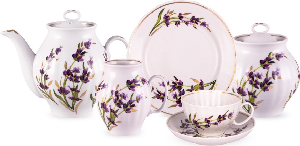 10631332 Дулевский фарфор Сервиз чайный 6/15 "Белый лебедь" "Лаванда" Фарфор 