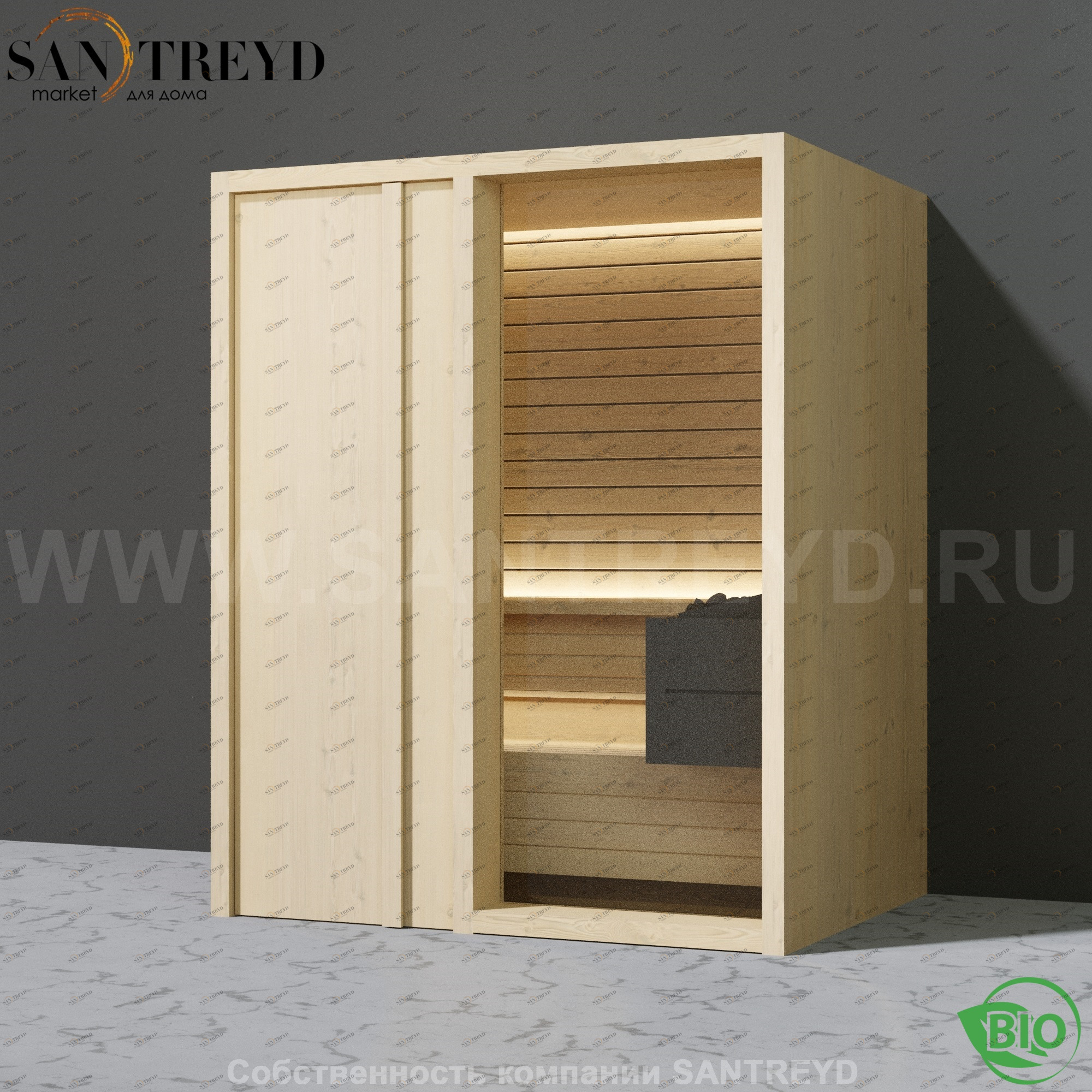 Effegibi YOKU.D45 BI.70200022 Био-сауна с левой дверью. Мощность: 4,5 кВт макс. Размеры: длина 174 см, ширина 132 см. Отделка: осина термообработанная BI70200022