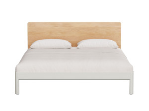 Алюминиевая и деревянная двуспальная кровать с мягким изголовьем