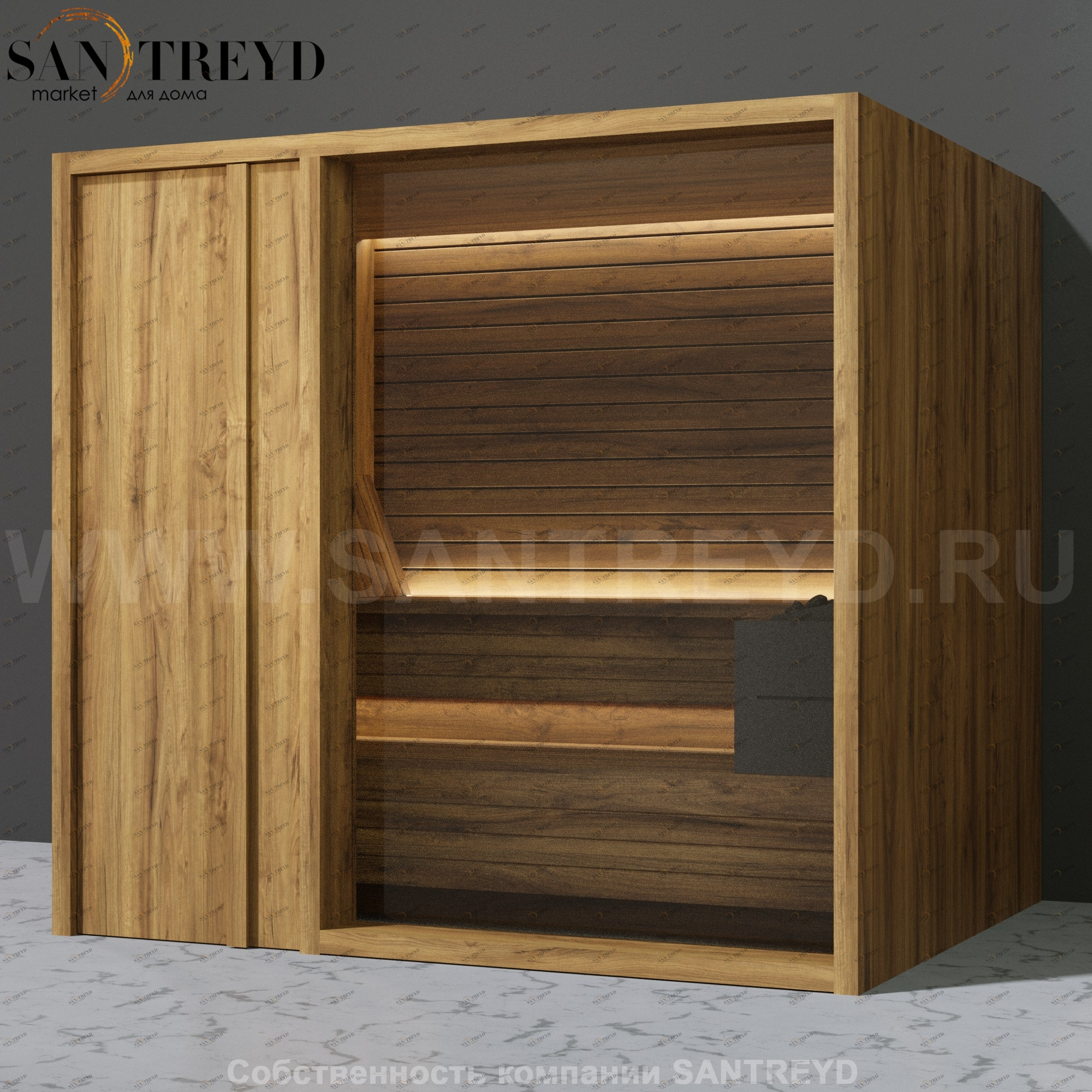 Effegibi YOKU.D105 SA.70200006 Сауна с левой дверью. Мощность: 10,5 кВт макс. Размеры: длина 230 см, ширина 200 см. Отделка: термообработанное дерево SA70200006