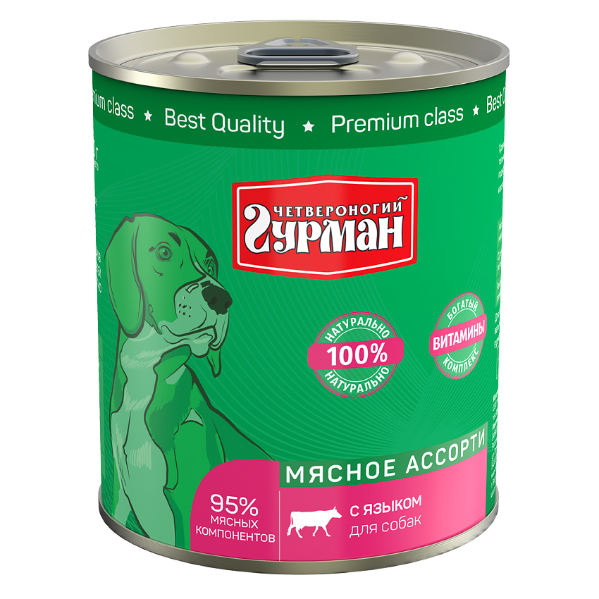 Т0055565 Корм для собак Мясное ассорти язык конс. 340г ЧЕТВЕРОНОГИЙ ГУРМАН 