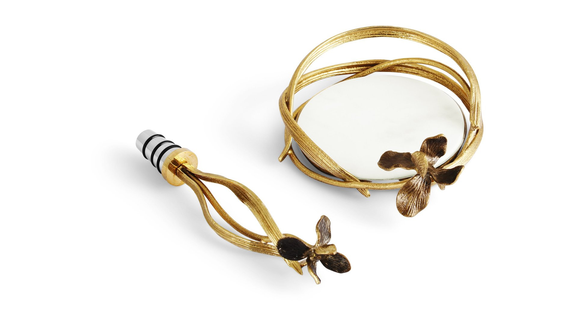 10663683 Michael Aram Набор подставка и стоппер для бутылки Michael Aram Черный ирис 14см, 16см, латунь Латунь  - Вид №1