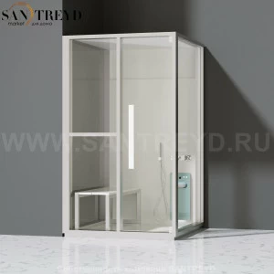 Effegibi H SMALL LO82020004 Комбинированная баня: хаммам и душ. Установка: в левый угол. Левая дверь. Мощность: 3 кВт макс. Размеры: длина 131 см, ширина 92 см. Отделка: матовый лакированный белый аллюминий и серый ламинат из керамогранита.