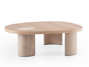 Травертин журнальный столик с деревянной столешницей