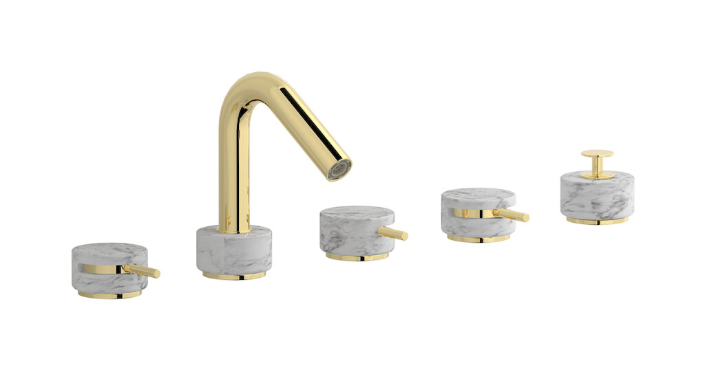 Смеситель на бортик ванной на 5 отверстий с дивертером и душевым гарнитуром. WE ARE IB mr396ii_1 Pale Gold Marmo