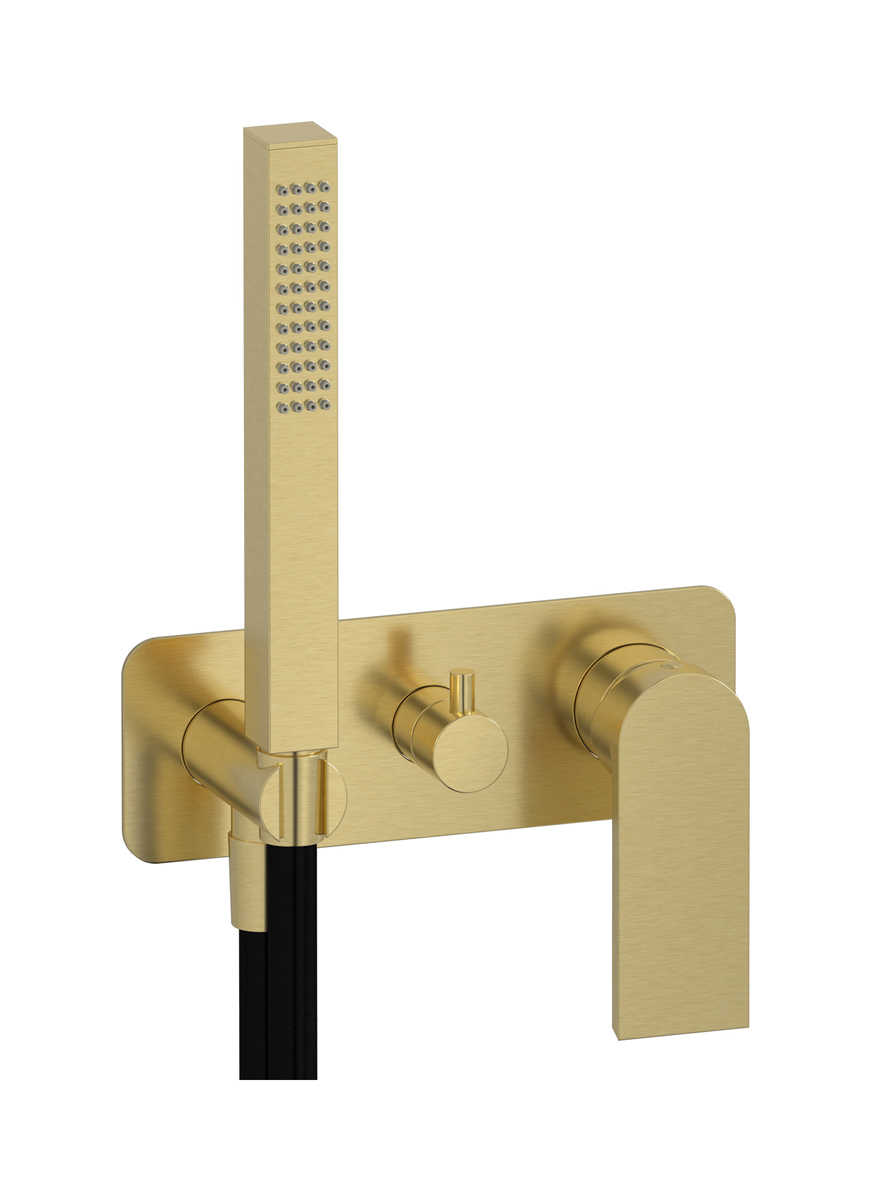 Внешние части встроенного в стену смесителя на 3 потребителя в комплекте с душевым гарнитуром. WE ARE IB k3314is Brushed Pale Gold K3