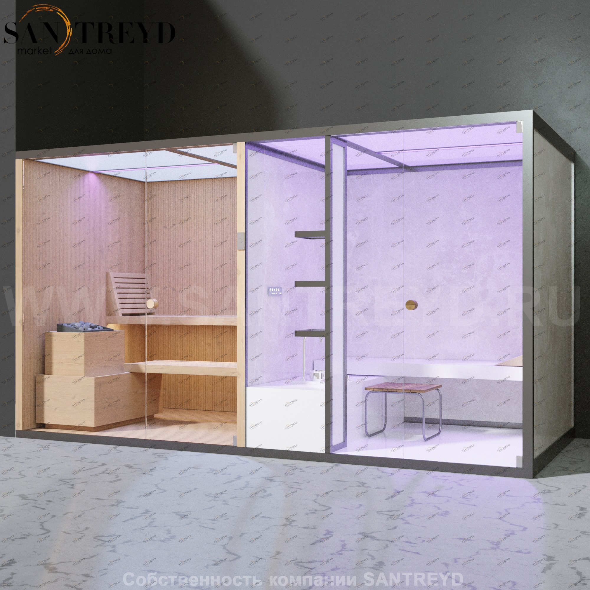 Effegibi BODYLOVE SH BL40110004 Фронтальная комбинированная баня: хаммам и сауна. Установка: в левый угол. Мощность: 15 кВт макс. Размеры: длина 393 см, ширина 176 см. Отделка: канадский хемлок, светлый керамогранит и гладкий хемлок.