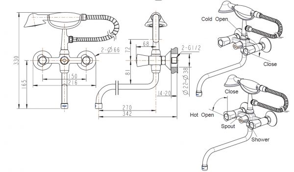 Смеситель для ванны с длинным изливом и аксессуарами DUO F6133186CP-LB-RUS bravat - Вид №3