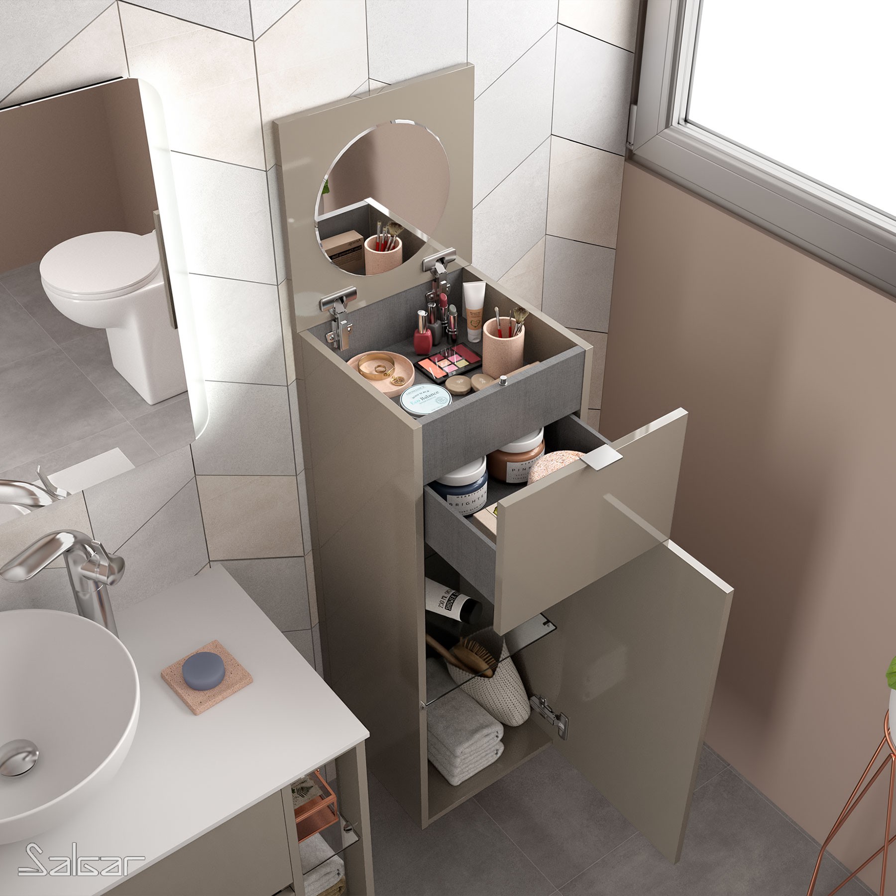 83443 SALGAR Комод ALLIANCE GLOSS TAUPE с дверным ящиком и складным зеркалом 352 x 1000 x 360 мм Глянцево-серо-коричневый  - Вид №1