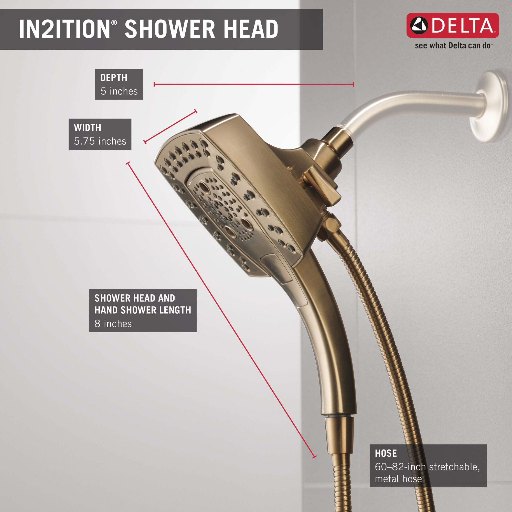 58474-CZ H2Okinetic® In2ition® Душ два в одном с 5 настройками Delta Faucet Universal Showering Шампанское бронза  - Вид №9