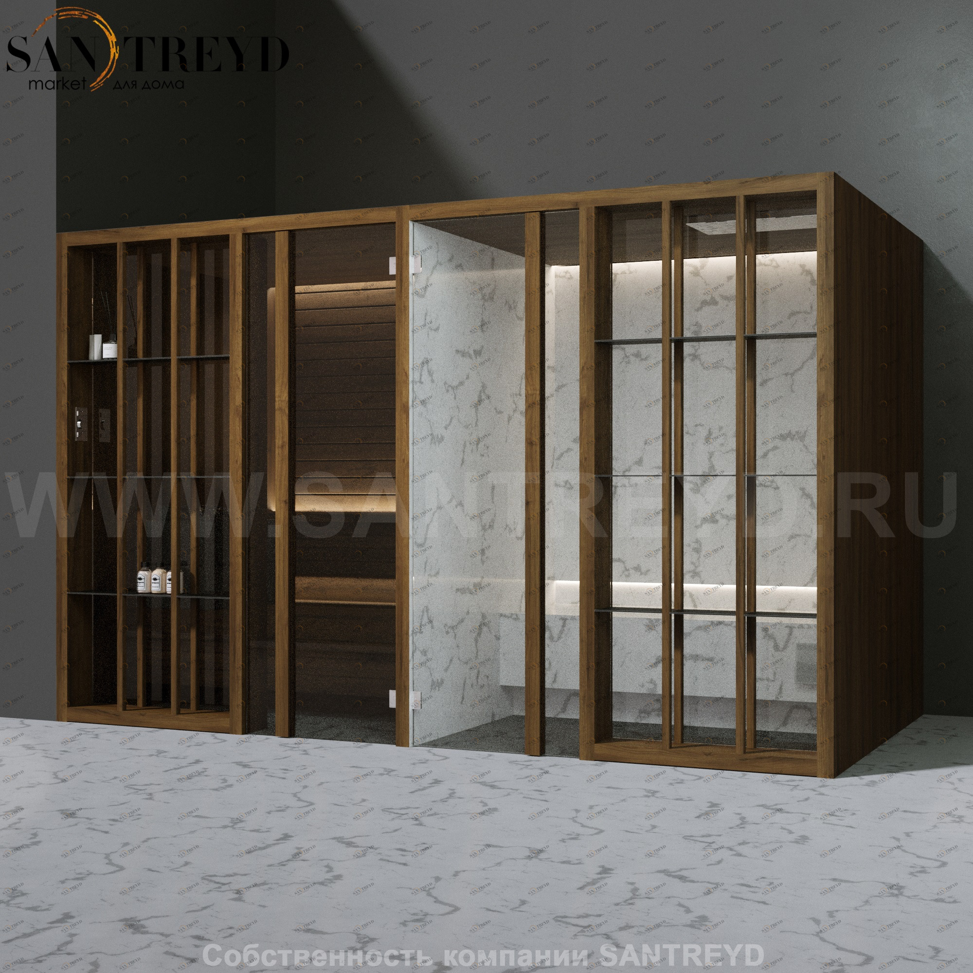 Effegibi YOKU.S SH YO.10310003 Комбинированная баня: хаммам и сауна. Установка: в левый угол. Мощность: 10,5 кВт макс. Размеры: длина 342 см, ширина 170 см. Отделка: чёрный орех и светлый керамогранит YO10310003