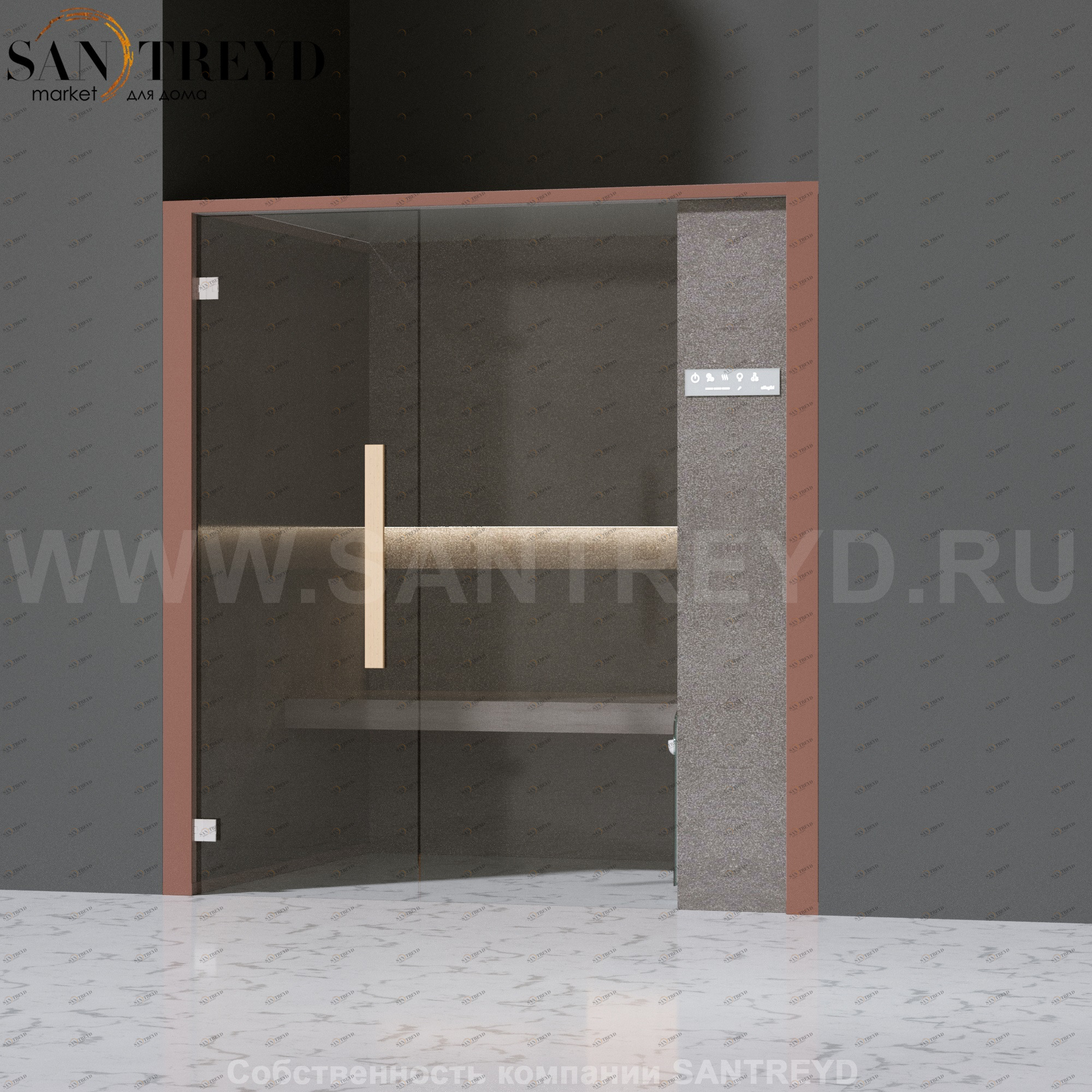 Effegibi ONEFILO H LO61030009 Хаммам. Установка: в нишу. Правая дверь. Мощность: 4,5 кВт макс. Размеры: длина 214 см, ширина 171 см. Отделка: матовый лакированный коричневый аллюминий и темный ламинат из керамогранита.