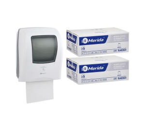 PROMO57 Автоматический бесконтактный диспенсер для белых полотенец ONE за 200 злотых нетто при покупке 2 коробок полотенец CLASSIC AUTOMATIC RAB301 (12 x 250 м = 3000 м, 11 760 листов) Merida
