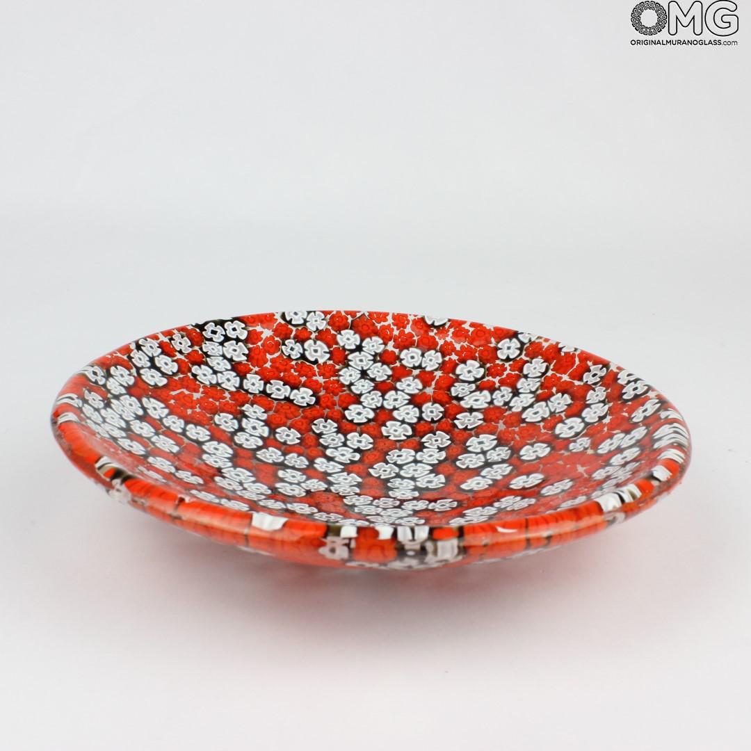 2111 ORIGINALMURANOGLASS Круглое красное блюдо Помпеи из муранского стекла с миллефиори - блюдце для мелочей- пепельница 8 см  - Вид №1