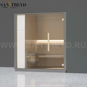 Effegibi ONE H LO60010008 Хаммам. Установка: в правый угол. Левая дверь. Мощность: 4,5 кВт макс. Размеры: длина 214 см, ширина 171 см. Отделка: матовый лакированный серый аллюминий и бежевый ламинат из керамогранита.