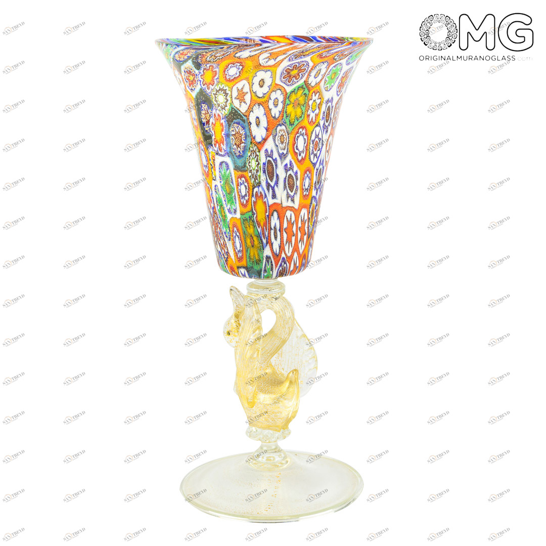 3436 ORIGINALMURANOGLASS Венецианский бокал Миллефиори с золотым лебедем - муранское стекло OMG 9 см 