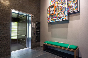 FSRT806 Интерьер лифта Levele-107 с панелями лайтплана в стекле vivispectra elements с рисунком юкка и отделкой pearlex +; панели захвата из склеенной бронзы с темной патиной и узором «тревиа», плавленое белое золото с отделкой из морского камня; прямоуго