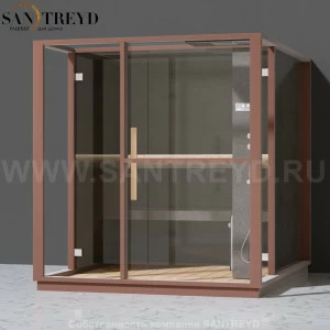 Effegibi LOGICA H LO30030001 Хаммам. Установка: к стене. Правая дверь. Мощность: 4,5 кВт макс. Размеры: длина 214 см, ширина 250 см. Отделка: матовый лакированный коричневый аллюминий и темный ламинат из керамогранита.