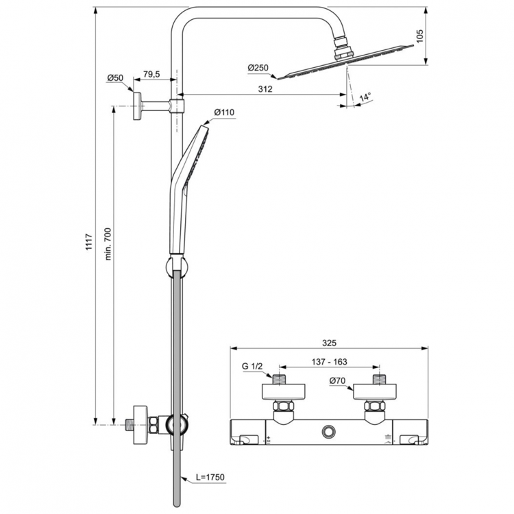 A7565AA Душевая система с термостатическим смесителем для душа Ideal Standard CERATHERM T50  - Вид №6