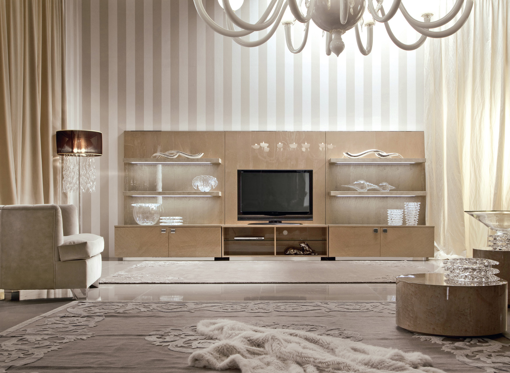 300/40  Sunrise Тумба под ТВ со стеновой панелью и полками в коже - giorgio collection  - Вид №3