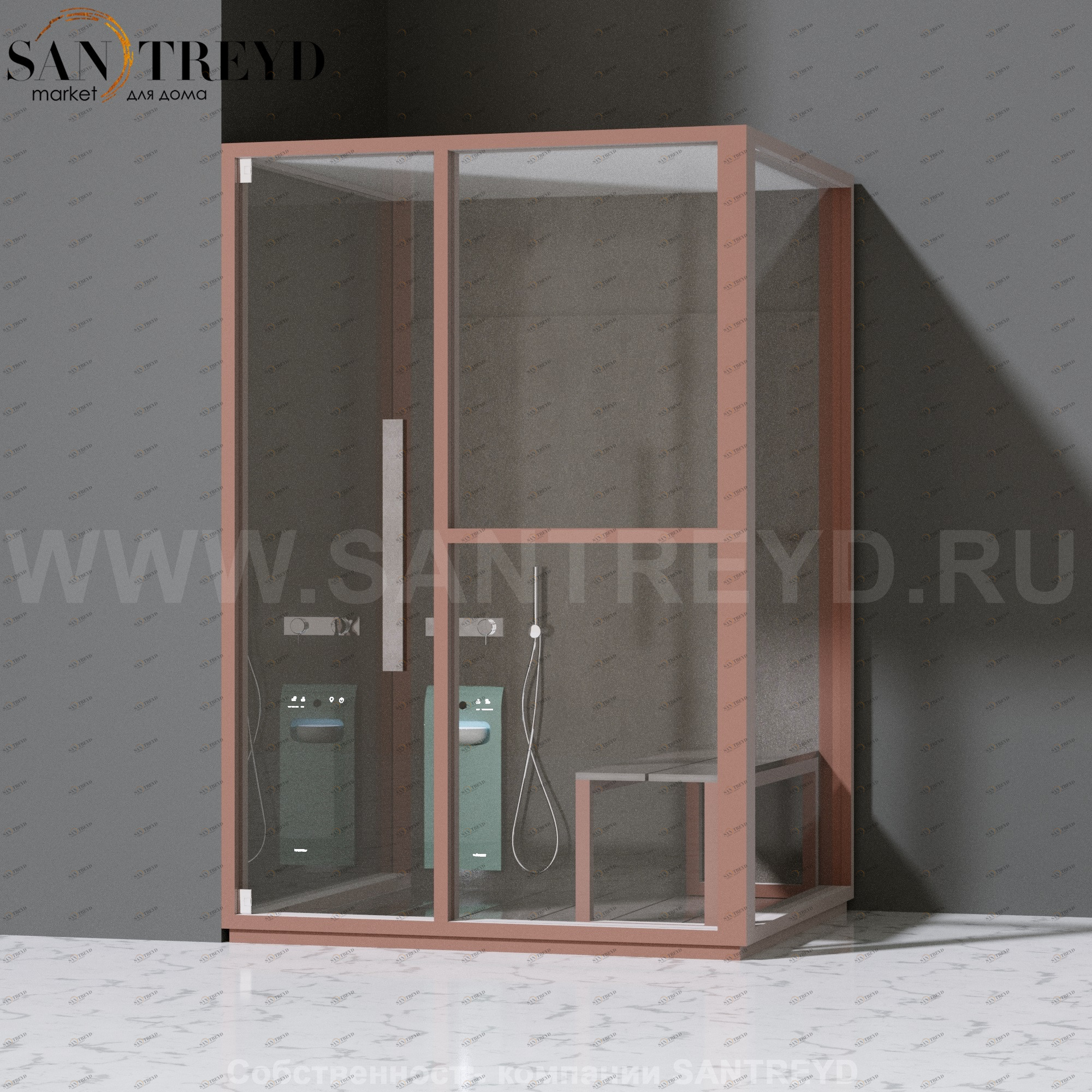 Effegibi H MEDIUM LO81030003 Комбинированная баня: хаммам и душ. Установка: в левый угол. Правая дверь. Мощность: 3 кВт макс. Размеры: длина 152 см, ширина 102 см. Отделка: матовый лакированный коричневый аллюминий и темный ламинат из керамогранита.