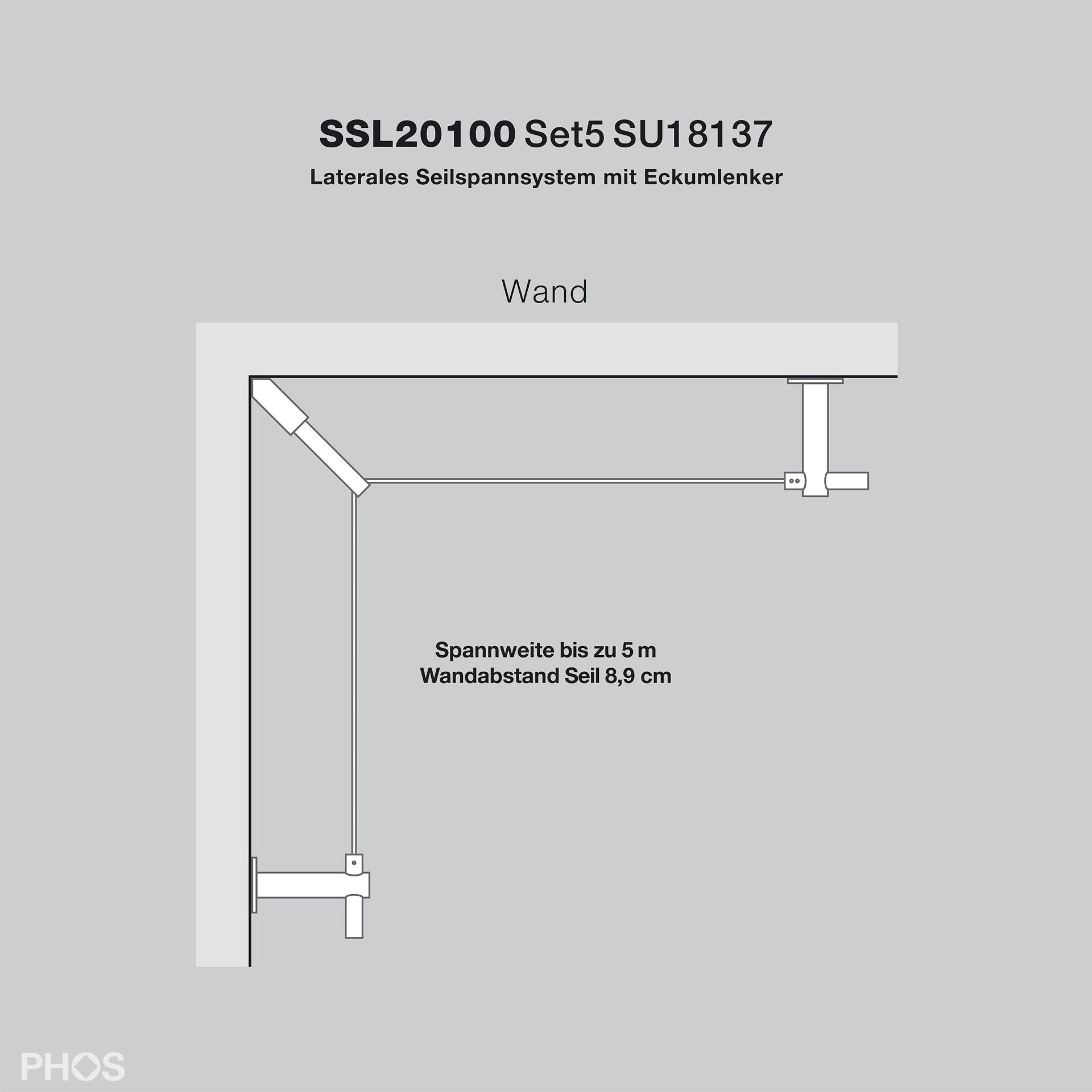 SSL20100Set5SU18137 Система боковой натяжки троса через внутренний угол, пролет до 5 м, расстояние до стены 9,2 см PHOS  - Вид №2