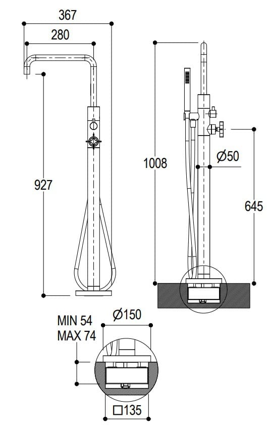 Напольный смеситель для ванны с ручным душем Ritmonio Diametro35 Cross ARCH-00112493 - Вид №2