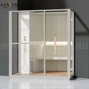 Effegibi LOGICA H LO30020012 Хаммам. Установка: в полунишу. Левая дверь. Мощность: 4,5 кВт макс. Размеры: длина 214 см, ширина 250 см. Отделка: матовый лакированный белый аллюминий и серый ламинат из керамогранита.