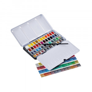 131607 Краска акварель Набор акварели Artists в полукюветах, 48 цветов, 1 кисть, металл Sennelier