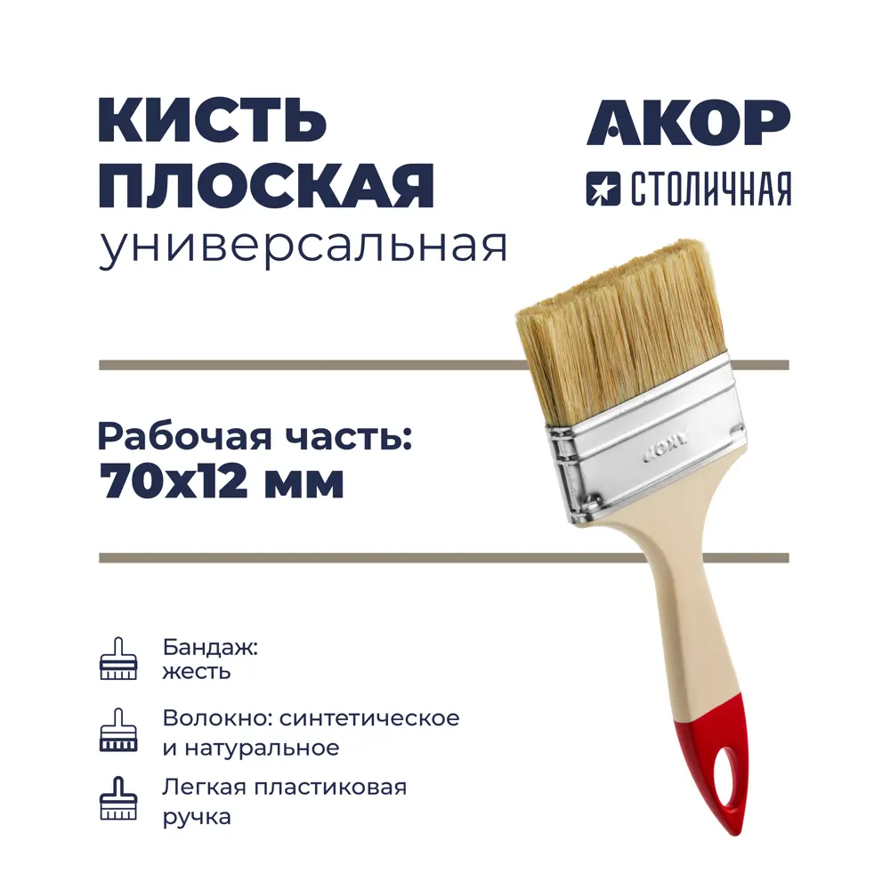 Кисть плоская 70 мм Акор Стандарт Столичная синтетическая щетина STLM-2193316 - Вид №2