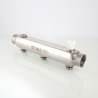 VTc.510.SS.060406 Коллектор из нержавеющей стали с межосевым расстоянием выходов 100 мм Valtec 1", 6 x 1/2"  - Вид №1