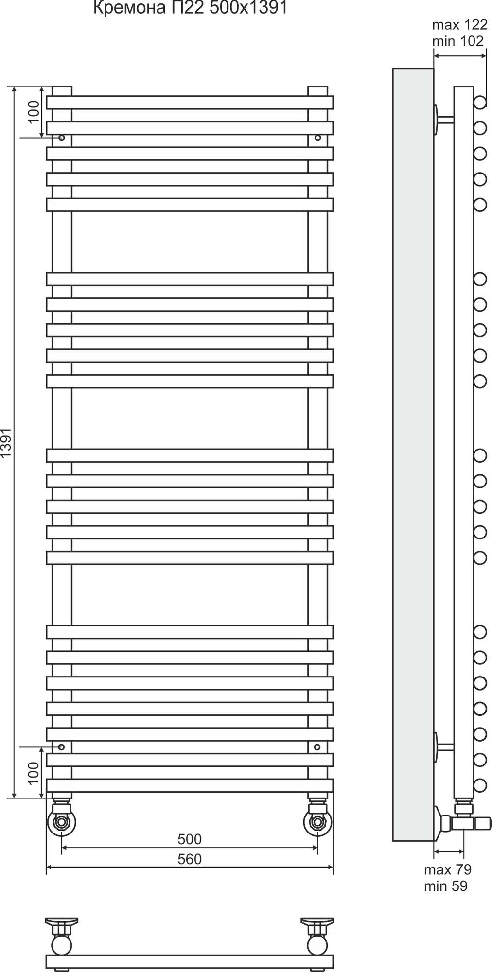 4620768886782 ЛЮКС Кремона П22 500х1391 (7+5+5+5) Полотенцесушитель TERMINUS Нержавеющая сталь - Вид №2