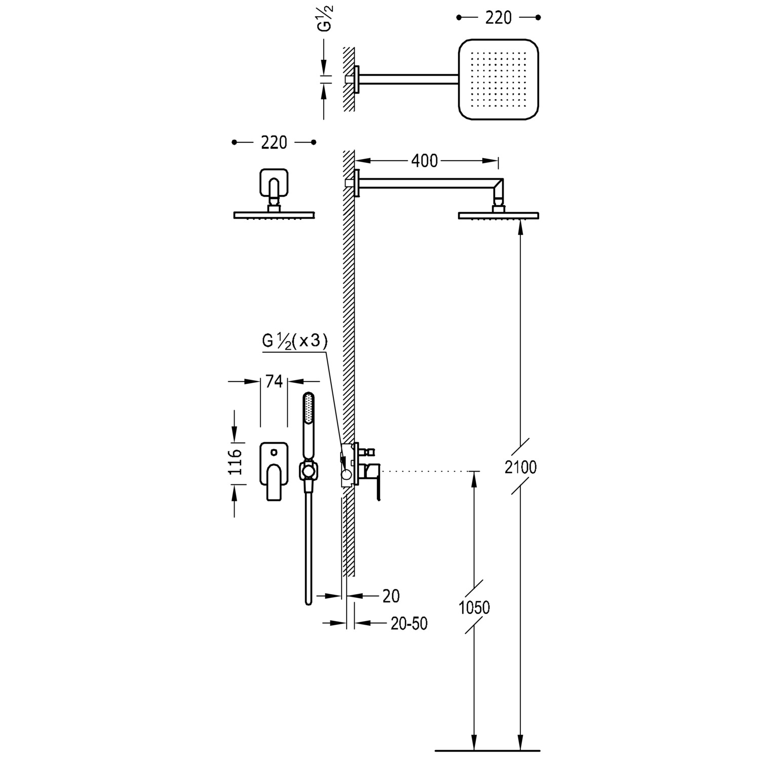 Комплект смесителя для душа с 2-сторонним скрытым расположением на чердаке с одной ручкой-20018002 TRES  - Вид №1