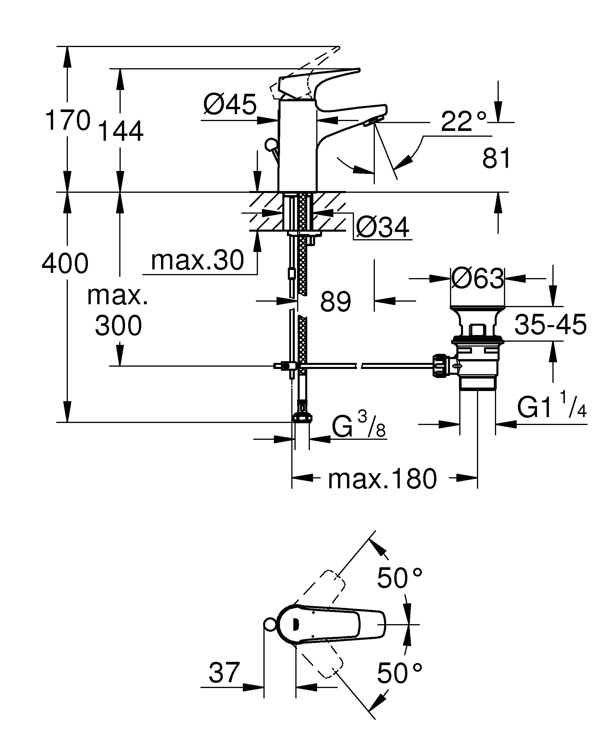 Смеситель для раковины GROHE BauFlow с донным клапаном, S-Size, хром (23751000) - Вид №1