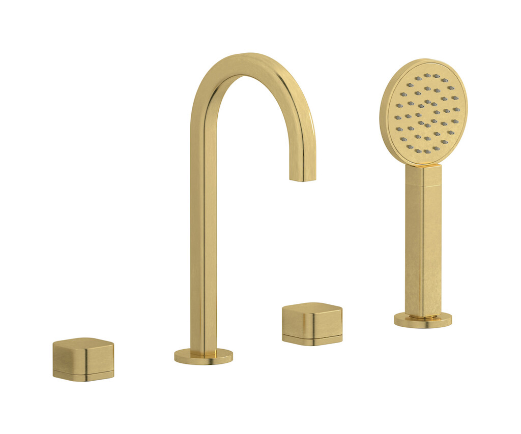 Смеситель на бортик ванной на 4 отверстий с дивертером и душевым гарнитуром. WE ARE IB eo396on_1 Natural Brass Elio