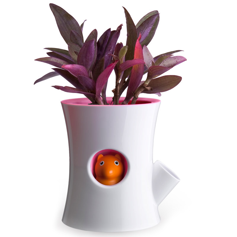 QL10075-WH-PK Горшок самополивающийся log&squirrel белый-розовый Qualy 