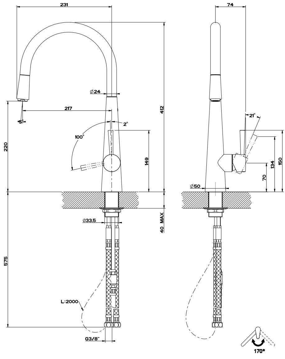 Смеситель для кухни из латуни со съемным ручным душем Gessi Just ARCH-00107994 - Вид №2