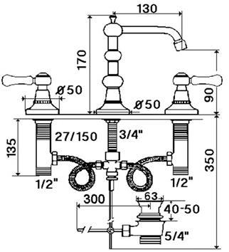 rvb Смеситель для раковины на 3 отверстия 1935 wood 1936.11.45-cc - Вид №1