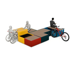 Модульная скамья из оцинкованной стали со встроенной плантатором и велосипедной стойкой