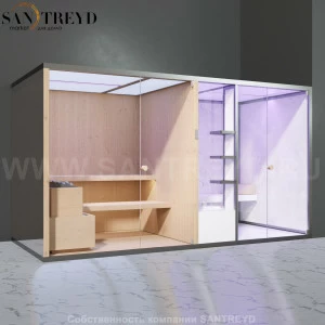 Effegibi BODYLOVE SH BL40110003 Фронтальная комбинированная баня: хаммам и сауна. Установка: в правый угол. Мощность: 15 кВт макс. Размеры: длина 393 см, ширина 176 см. Отделка: канадский хемлок, светлый керамогранит и зеркало.