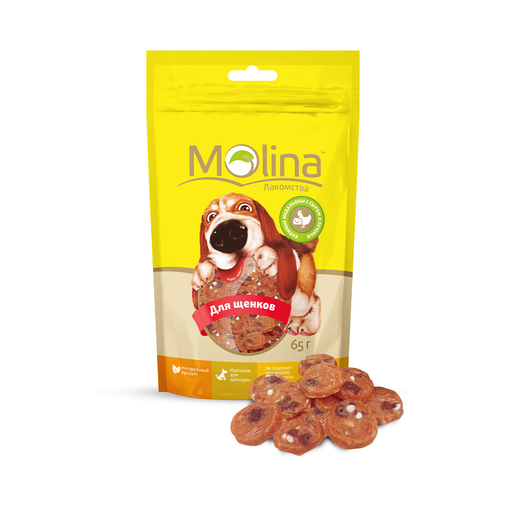 ПР0058729 Лакомство для щенков Куриные медальоны с сыром и печенью 65г Molina 