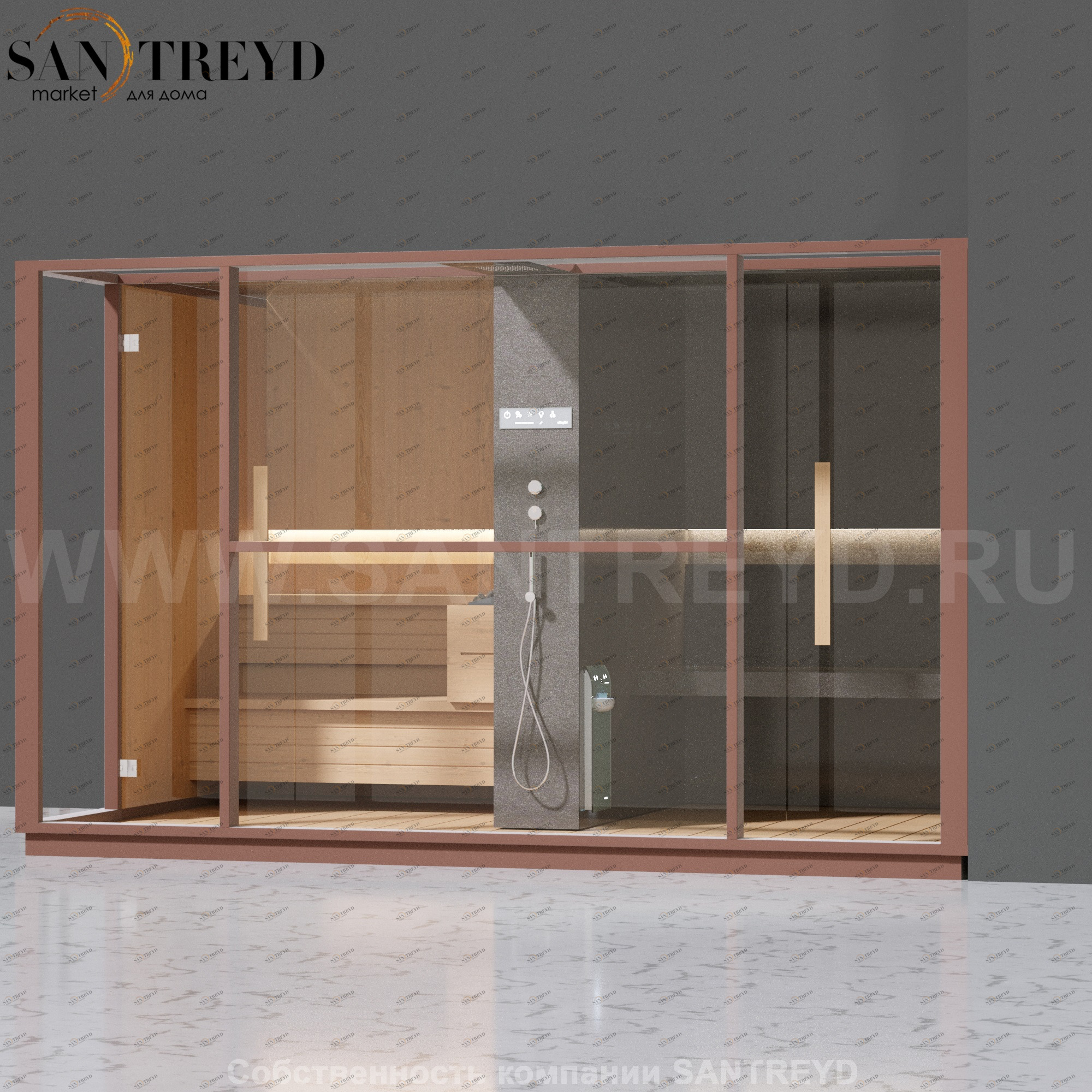 Effegibi LOGICA LO10030003 Комбинированная баня: хаммам и сауна. Установка: в правый угол. Мощность: 10,5 кВт макс. Размеры: длина 373 см, ширина 250 см. Отделка: канадский хемлок, матовый лакированный коричневый аллюминий и темный ламинат из керамогранит